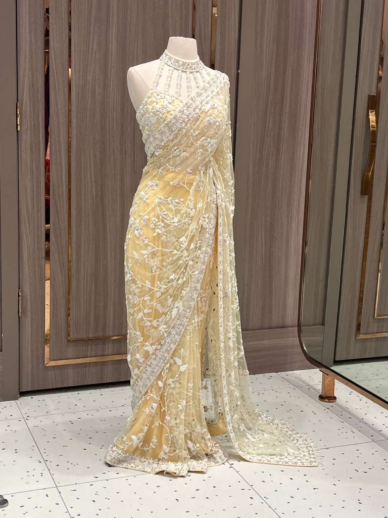 Pale Yellow Sequin Saree with Embroidered Blouse for Brides