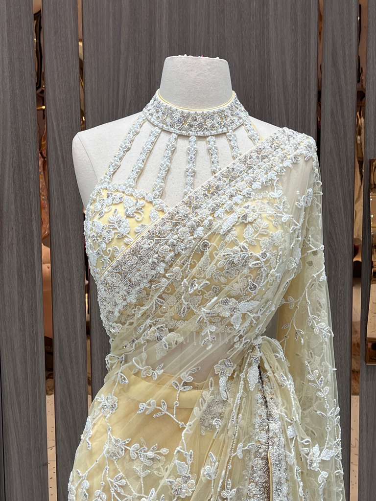 Pale Yellow Sequin Saree with Embroidered Blouse for Brides