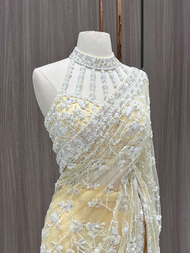 Pale Yellow Sequin Saree with Embroidered Blouse for Brides