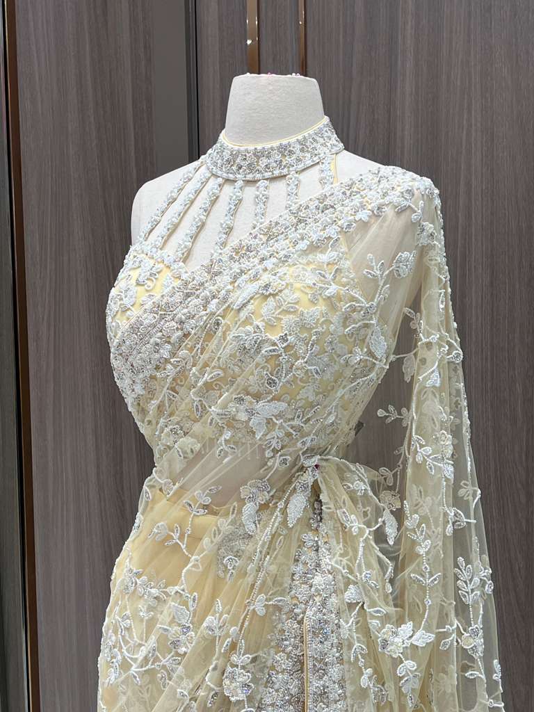 Pale Yellow Sequin Saree with Embroidered Blouse for Brides