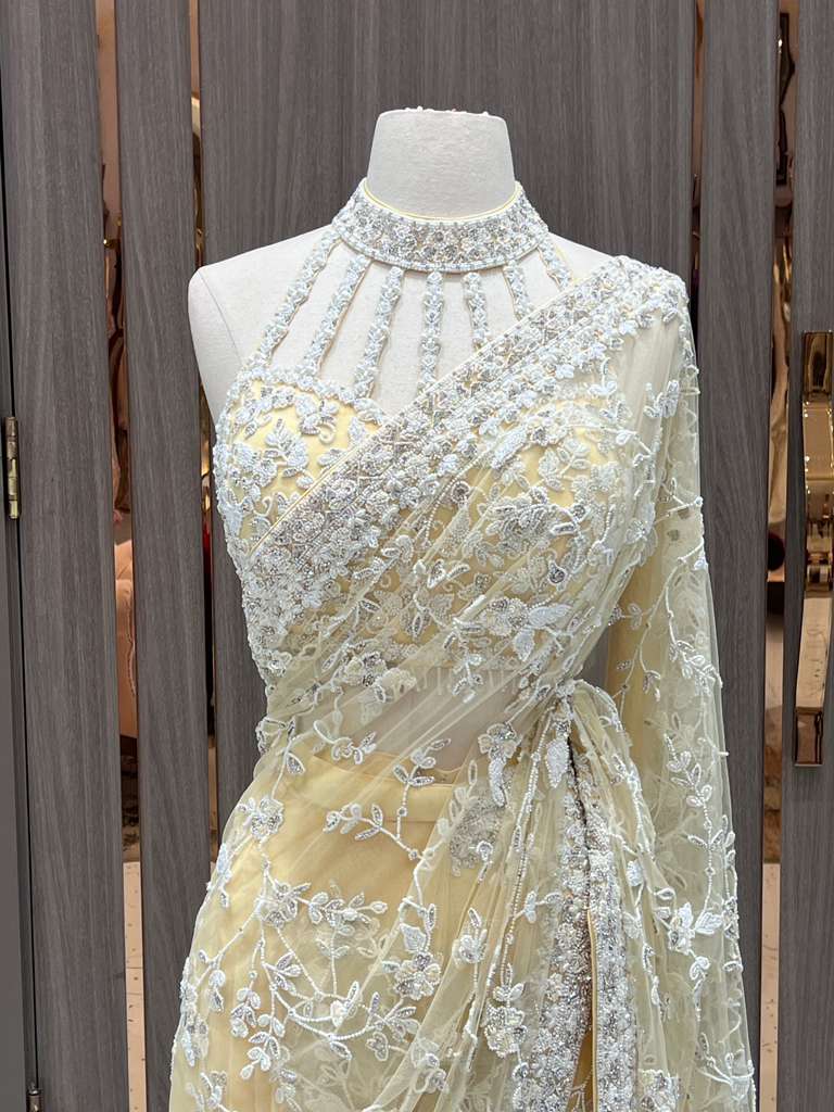 Pale Yellow Sequin Saree with Embroidered Blouse for Brides