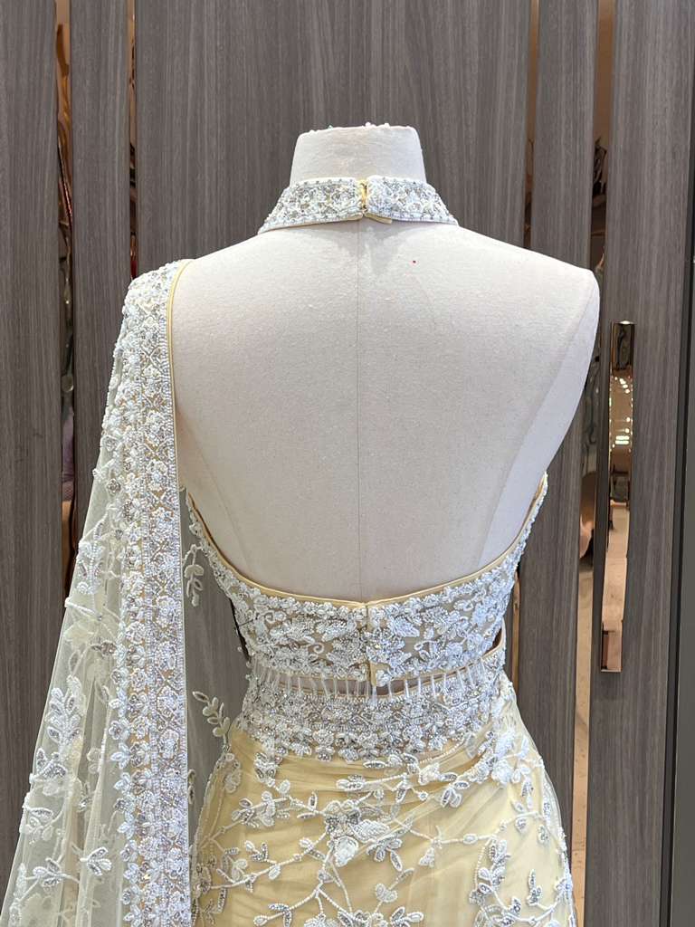 Pale Yellow Sequin Saree with Embroidered Blouse for Brides