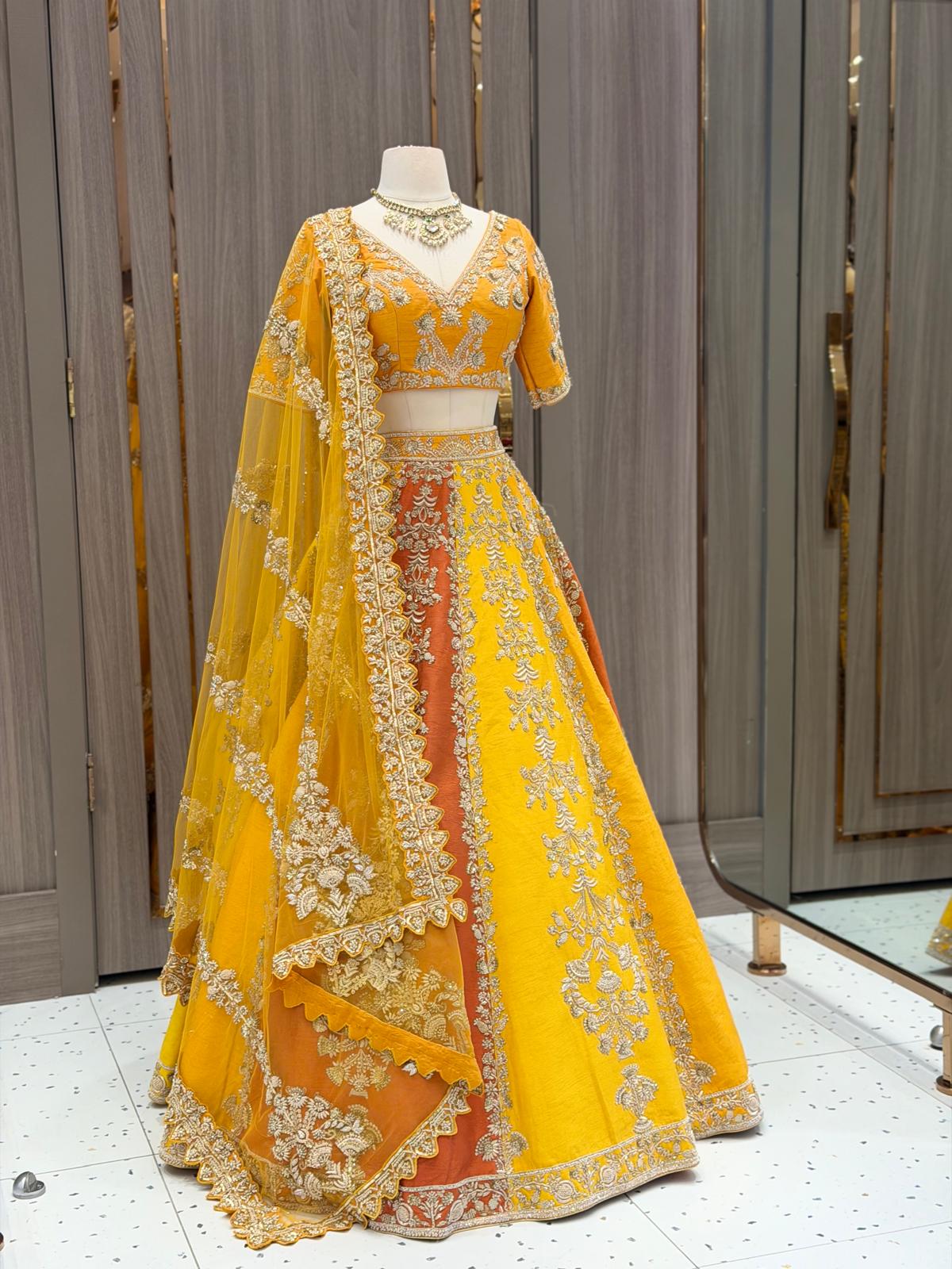 Yellow & Rust Raw Silk Paneled Lehenga
