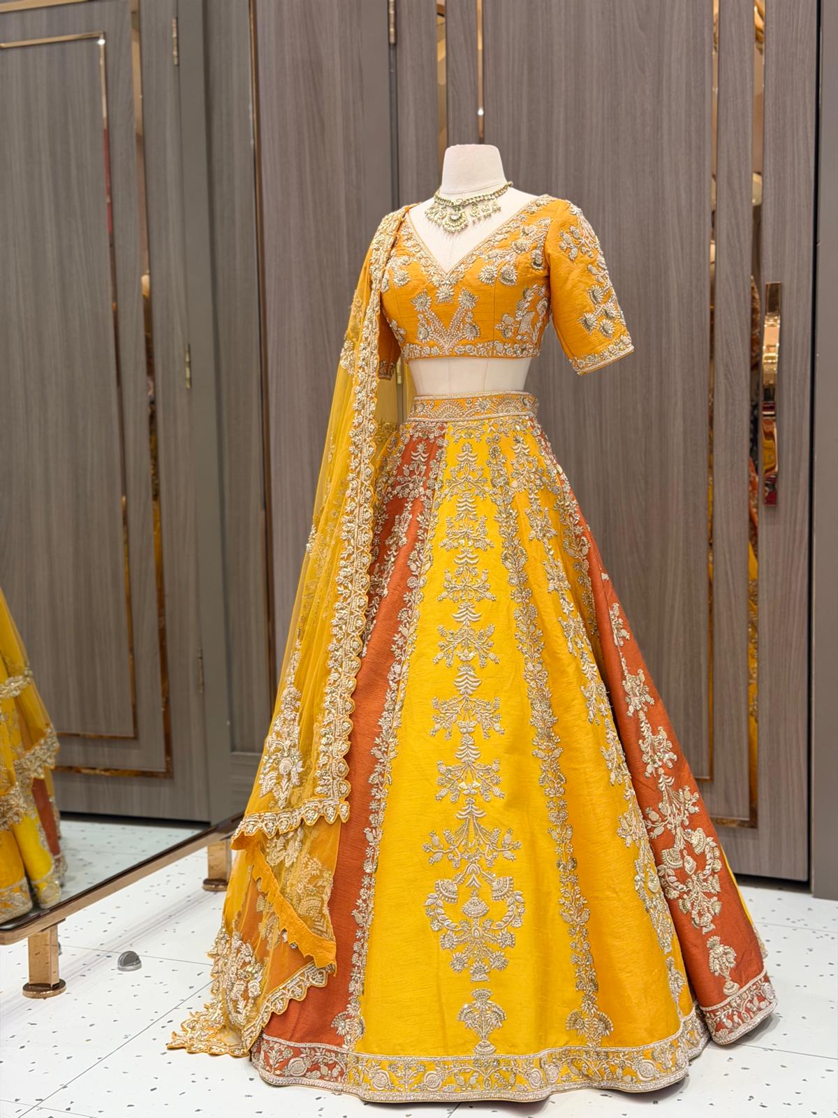 Yellow & Rust Raw Silk Paneled Lehenga