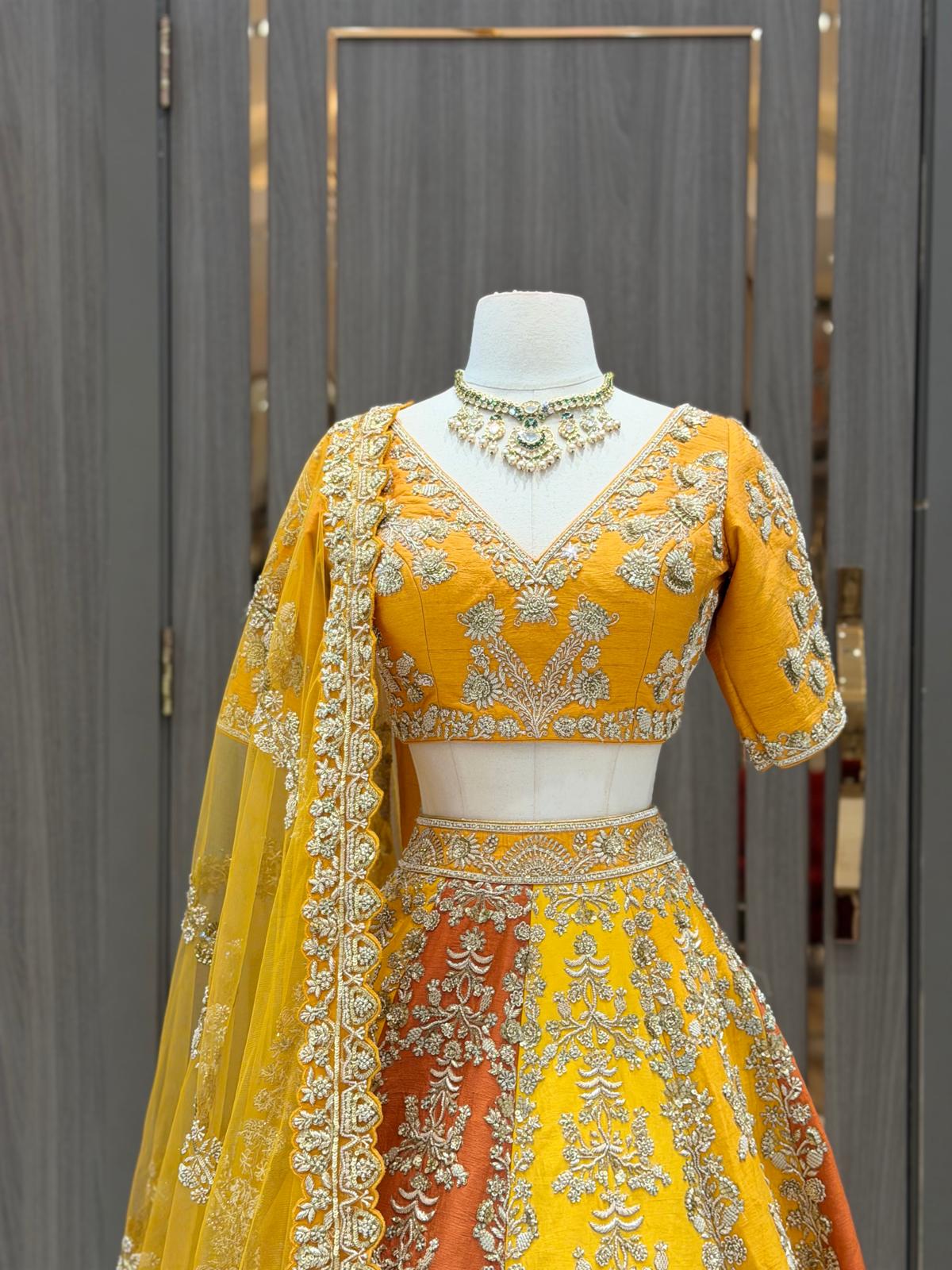 Yellow & Rust Raw Silk Paneled Lehenga