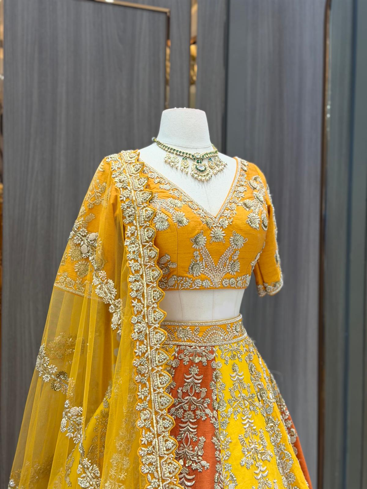 Yellow & Rust Raw Silk Paneled Lehenga