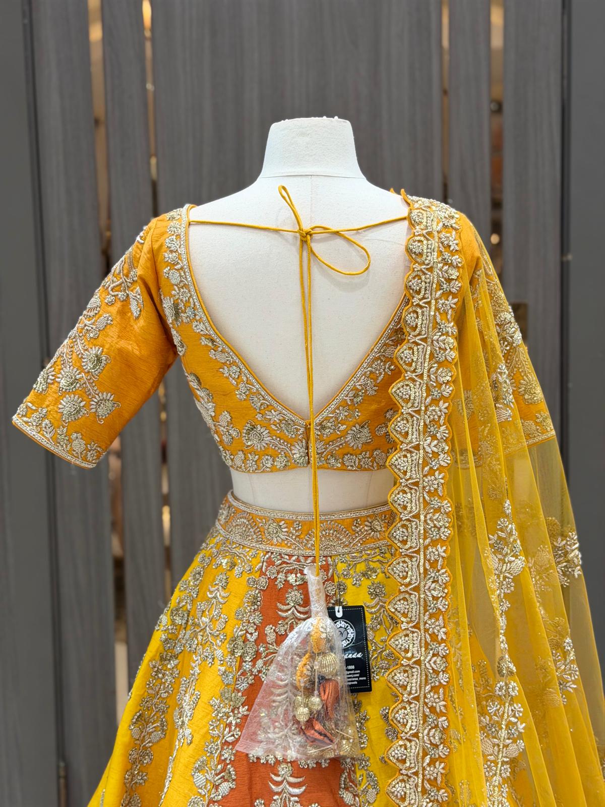 Yellow & Rust Raw Silk Paneled Lehenga