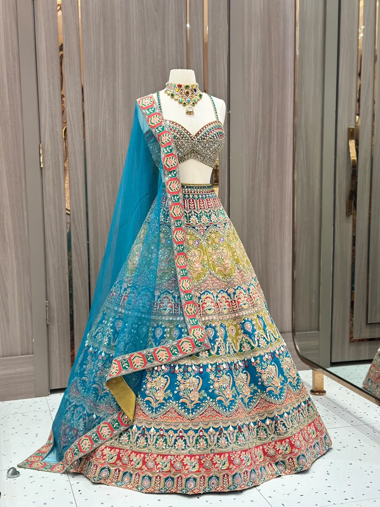 Peacock Multi-Tone Mirror-Work Lehenga