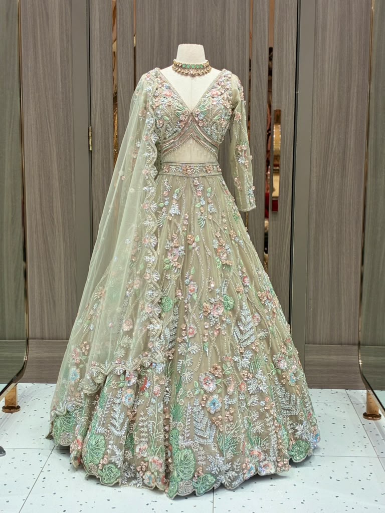 Taupe Beige Botanical Bridal Lehenga Set