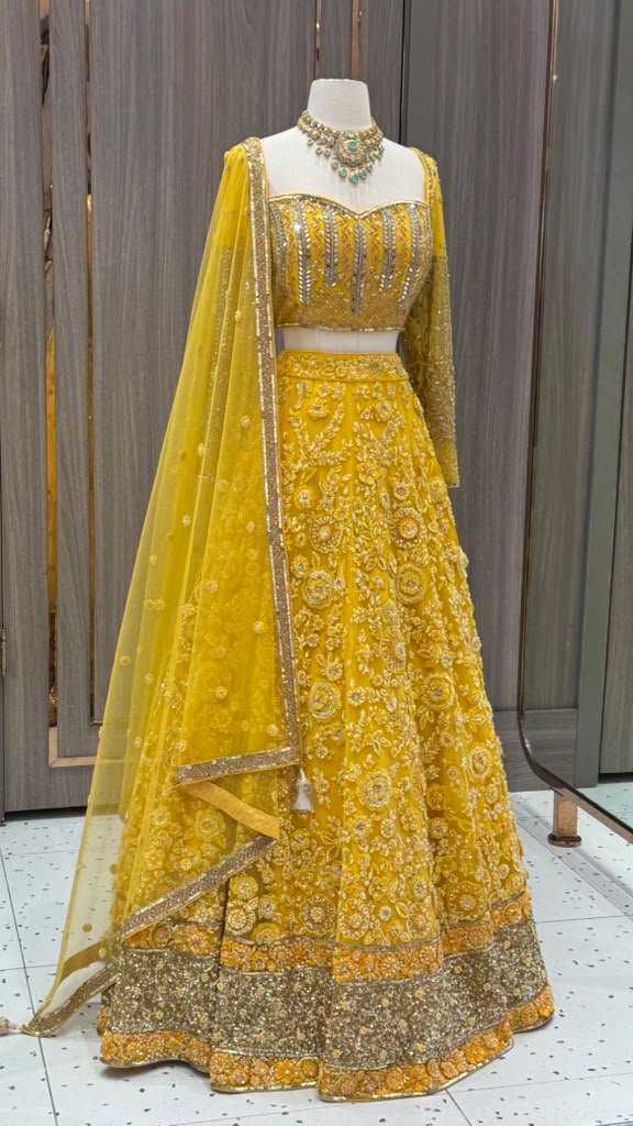 Mustard Yellow Floral Tonal  Embroidered Bridal Lehenga