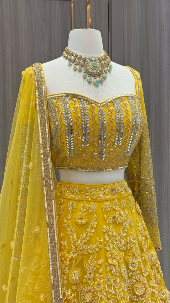 Mustard Yellow Floral Tonal  Embroidered Bridal Lehenga