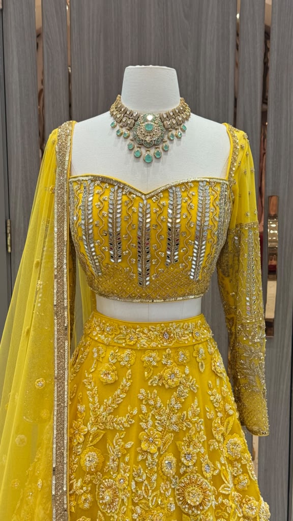 Mustard Yellow Floral Tonal  Embroidered Bridal Lehenga