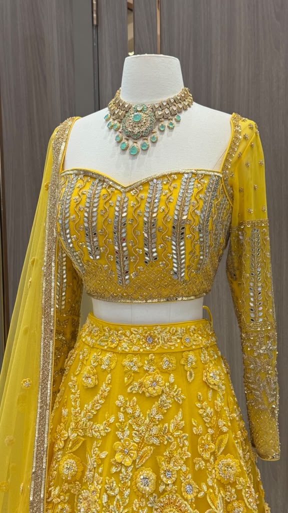 Mustard Yellow Floral Tonal  Embroidered Bridal Lehenga