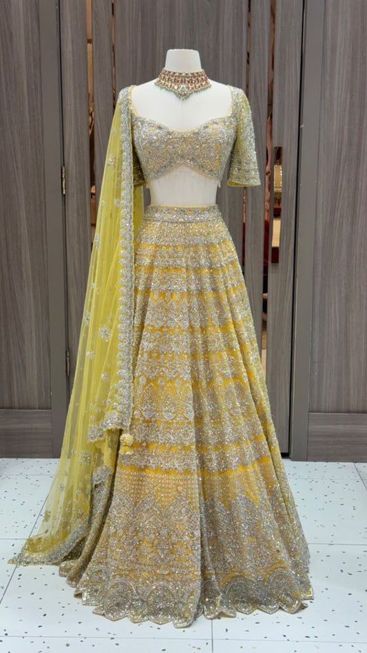 Golden Yellow Heavy Embroidered Bridal Lehenga