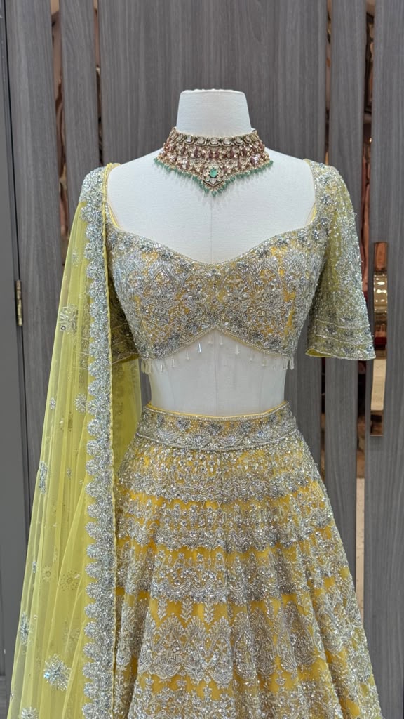 Golden Yellow Heavy Embroidered Bridal Lehenga