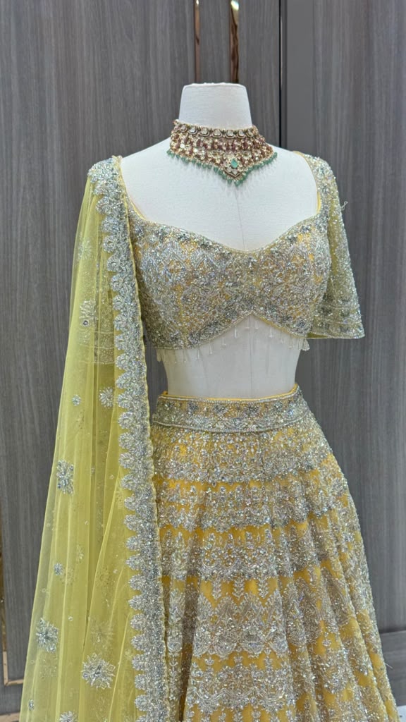 Golden Yellow Heavy Embroidered Bridal Lehenga