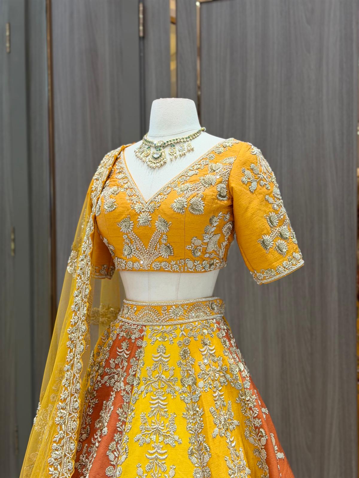 Yellow & Rust Raw Silk Paneled Lehenga