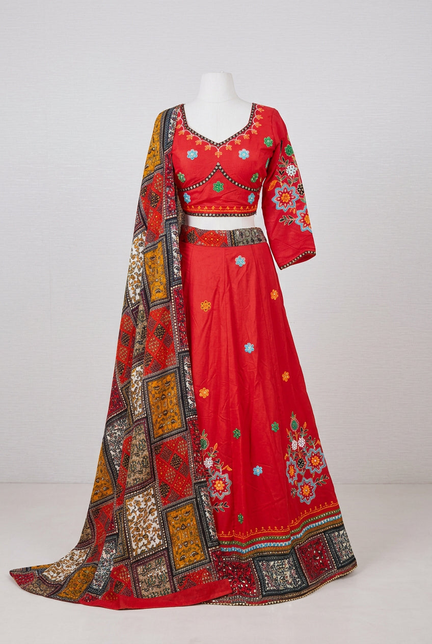 Red Navratri Lehenga Multi Accent