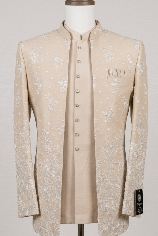 Beige Bandhgala with Sequin and Thread Embroidery Work