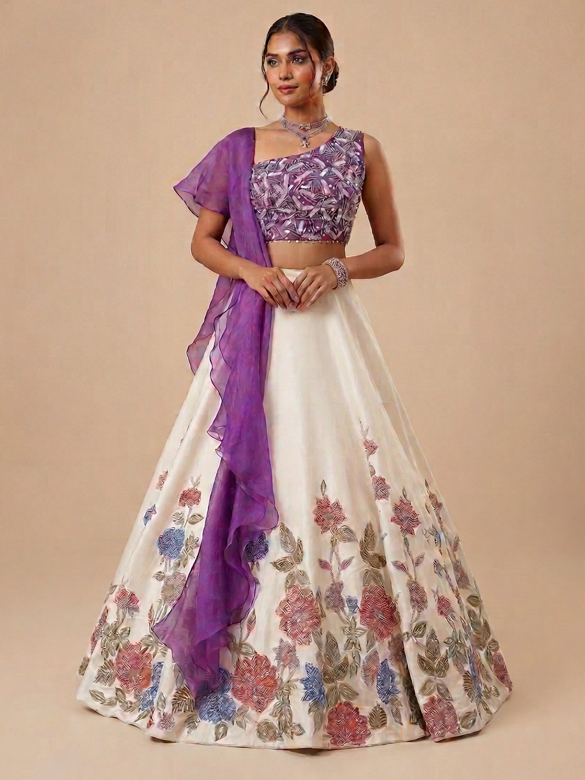 Off White & Purple Raw Silk Vibrant Multi-colored Floral Embroidery Lehenga
