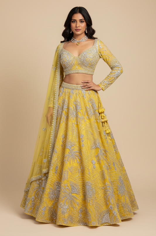 Yellow bridal lehenga with a distinctive neckline in net, Nazranaa