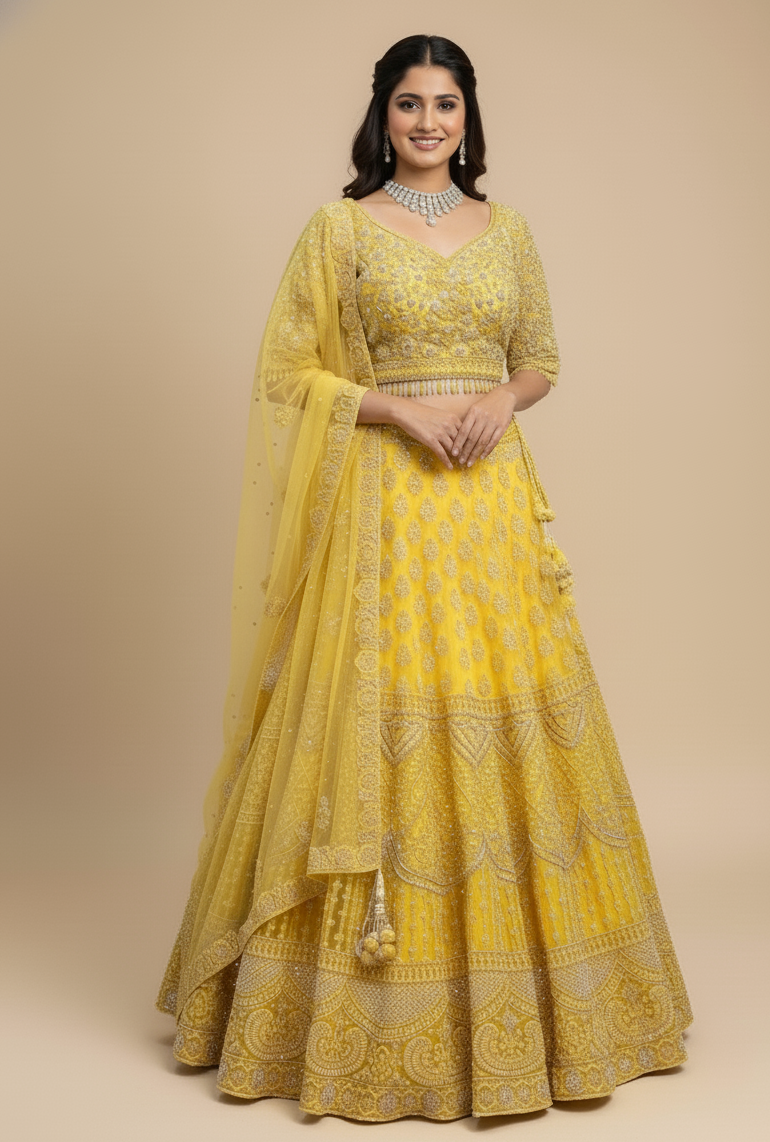 Yellow Net Traditional Motifs Lehenga