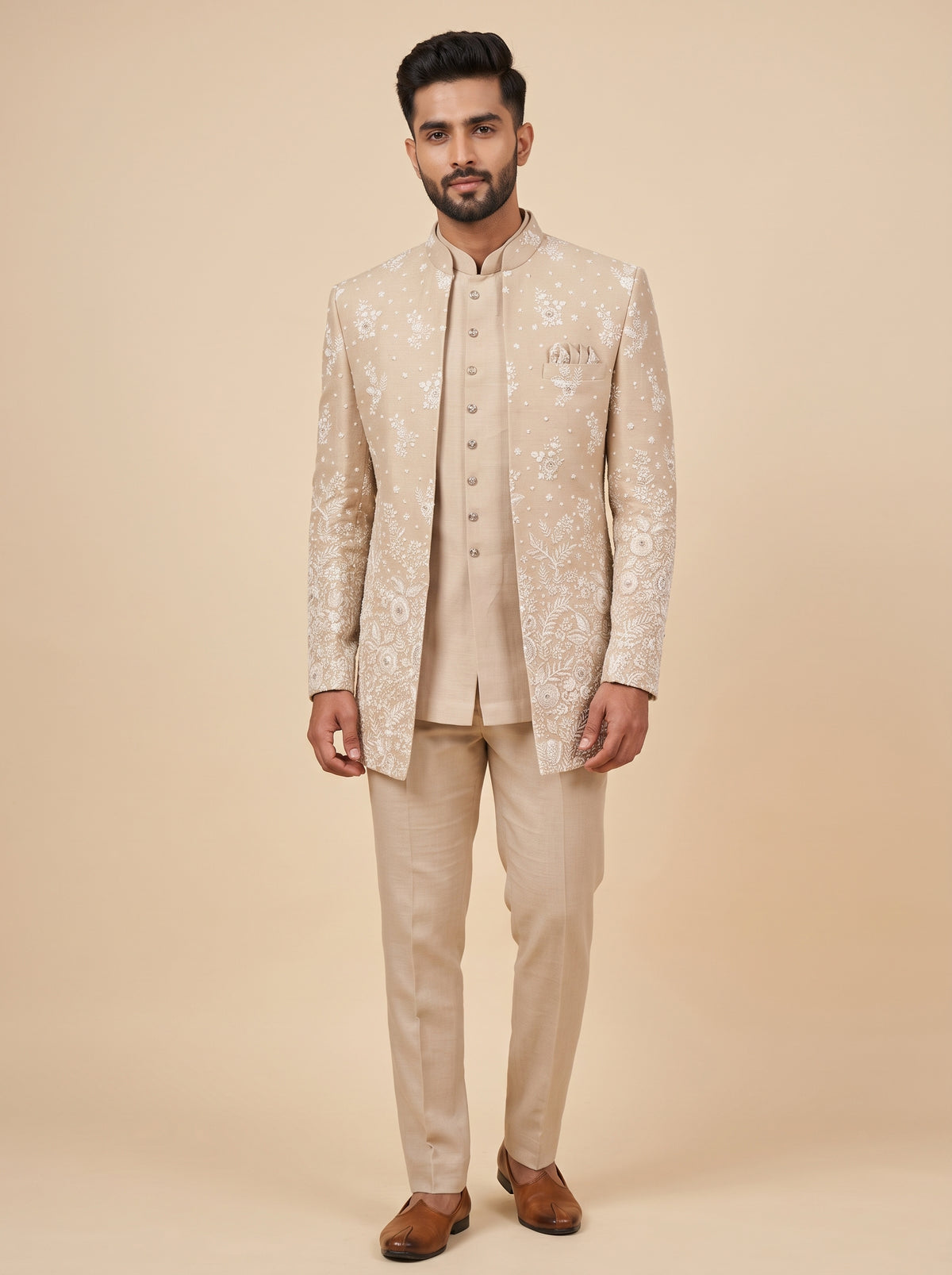 Beige Bandhgala with Sequin and Thread Embroidery Work