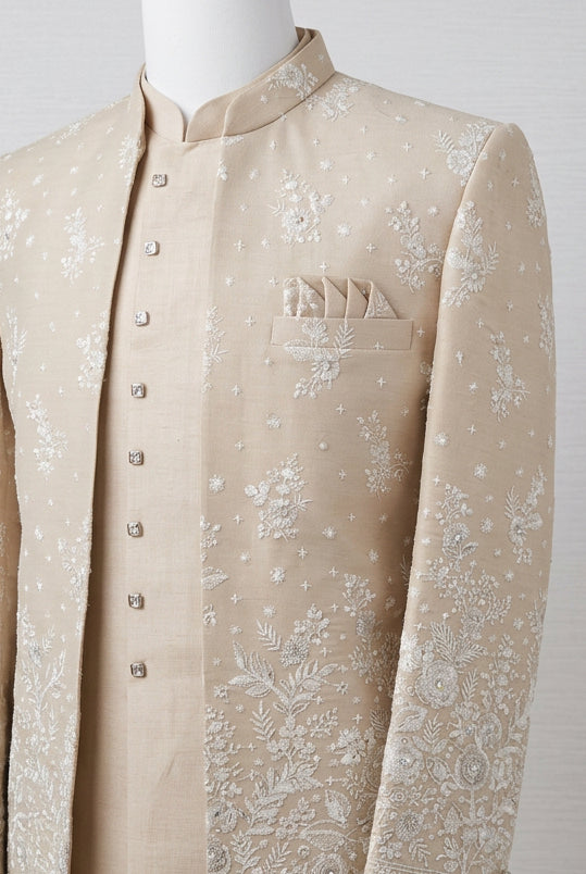 Beige Bandhgala with Sequin and Thread Embroidery Work