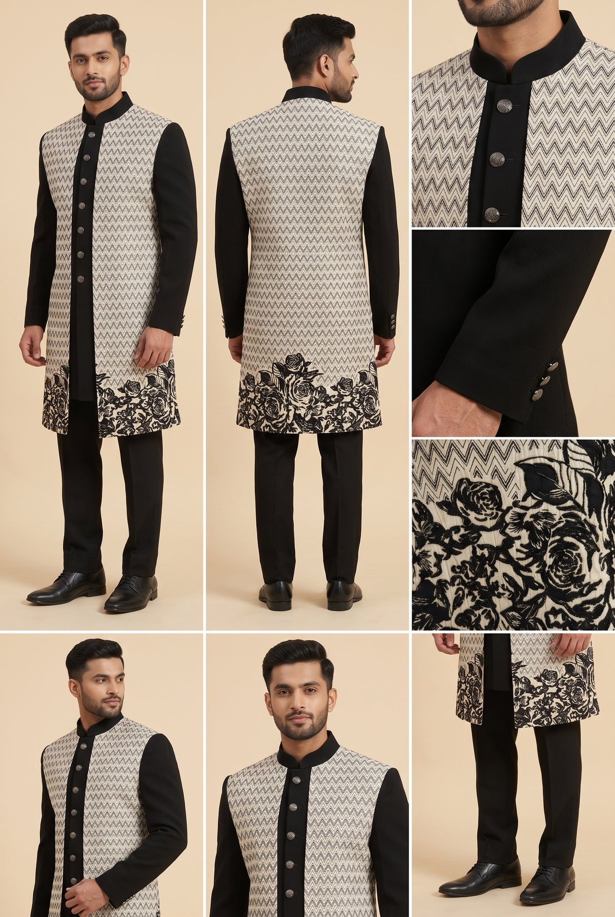 Black & White Chevron Three-Piece Open-Jacket Sherwani Set