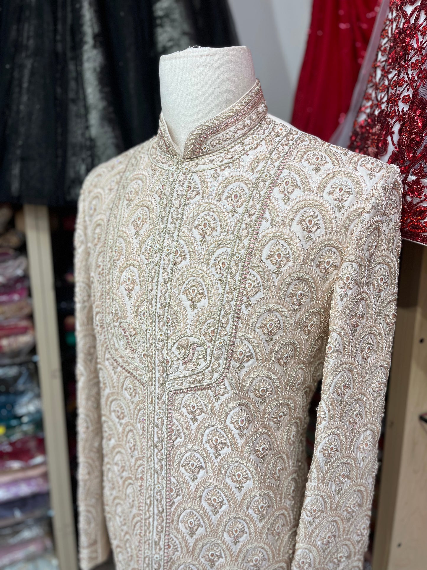 Beige White Zari Embroidered Sherwani- R14-N94