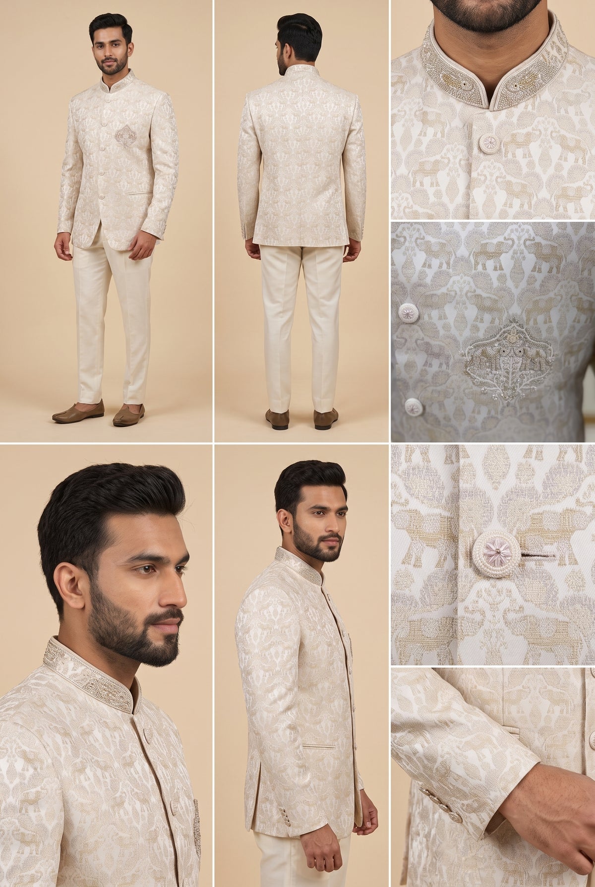 Ivory Elephant Print Brocade Bandhgala