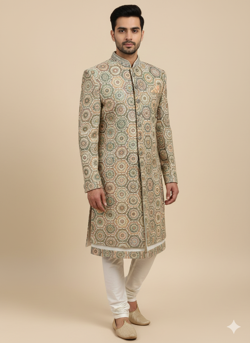 Cream Multicolor Medallion Resham Embroidered Sherwani with Ivory Churidar