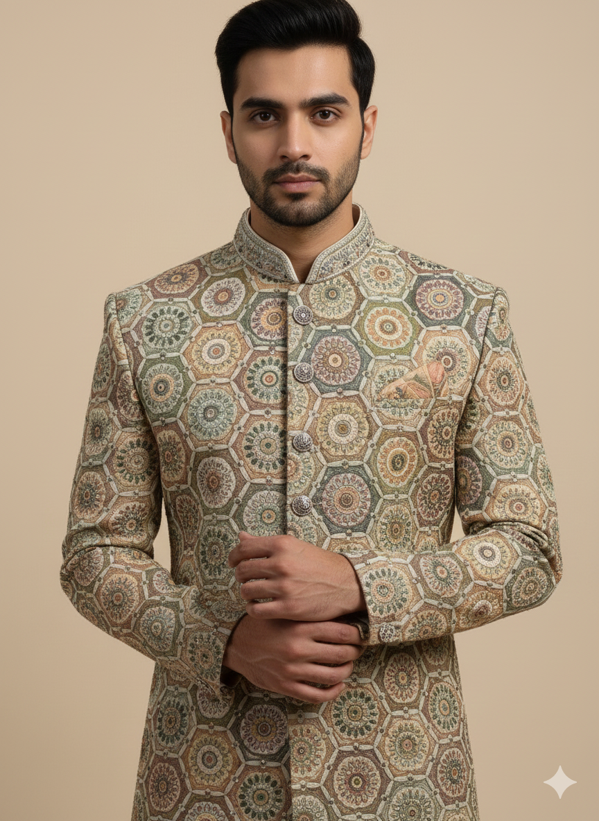 Cream Multicolor Medallion Resham Embroidered Sherwani with Ivory Churidar