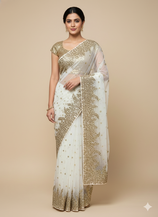 White Net Saree PWS-001