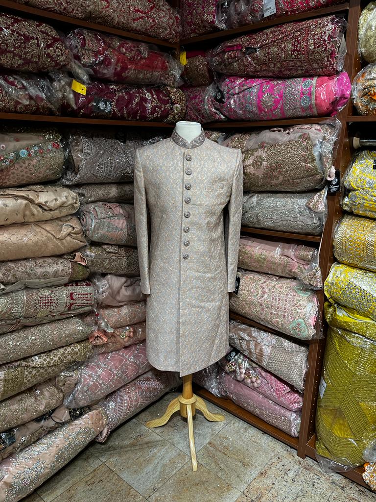 Slate Grey Woven Silk Sherwani- R14-N75