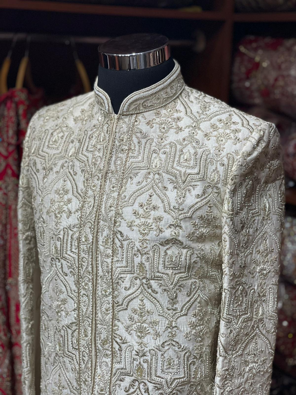 Ivory White Cut Dana Royal  Sherwani