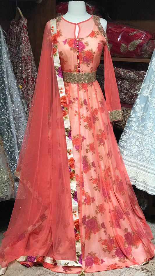 Coral Size 38 Floral Anarkali