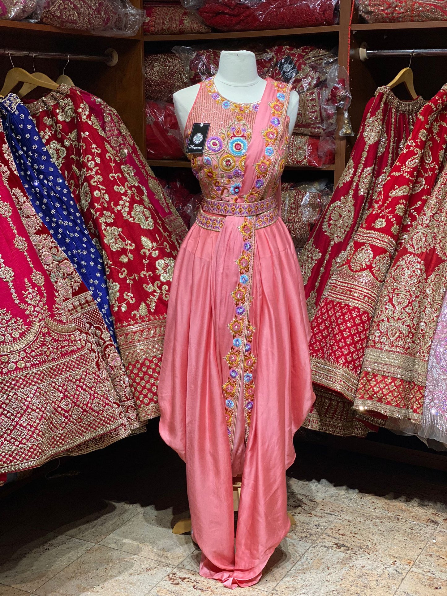 Flamingo Pink Pre-Stitched Saree W/ Readymade Blouse PSS-26