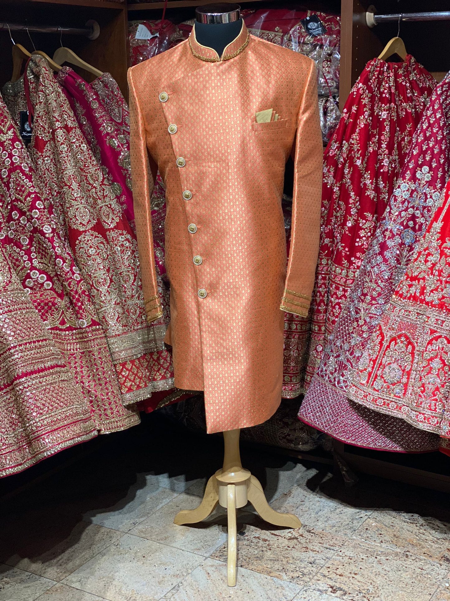 Coral Orange Brocade Sherwani