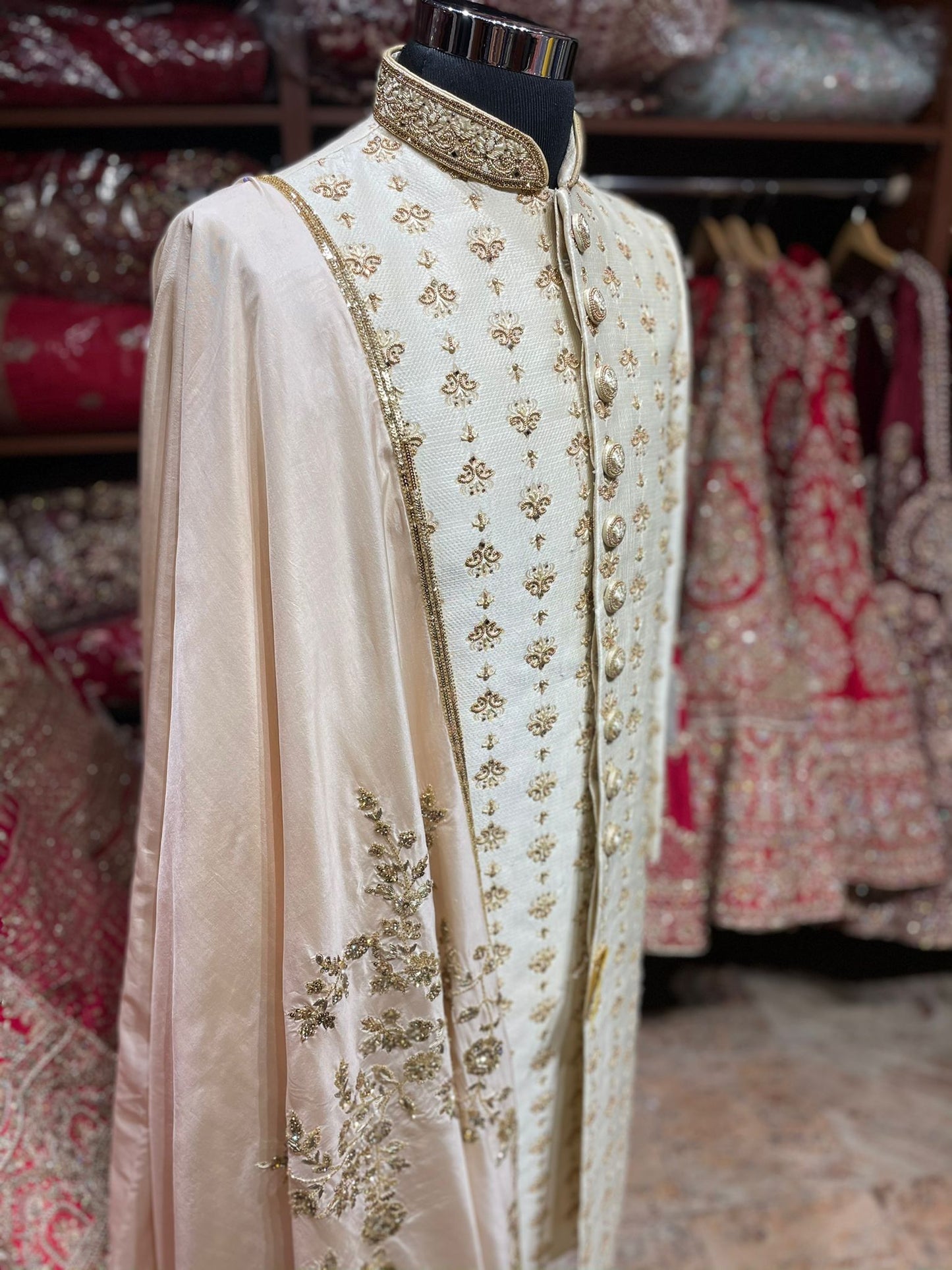 Pearl White & Gold Silk Embroidered Sherwani- S46