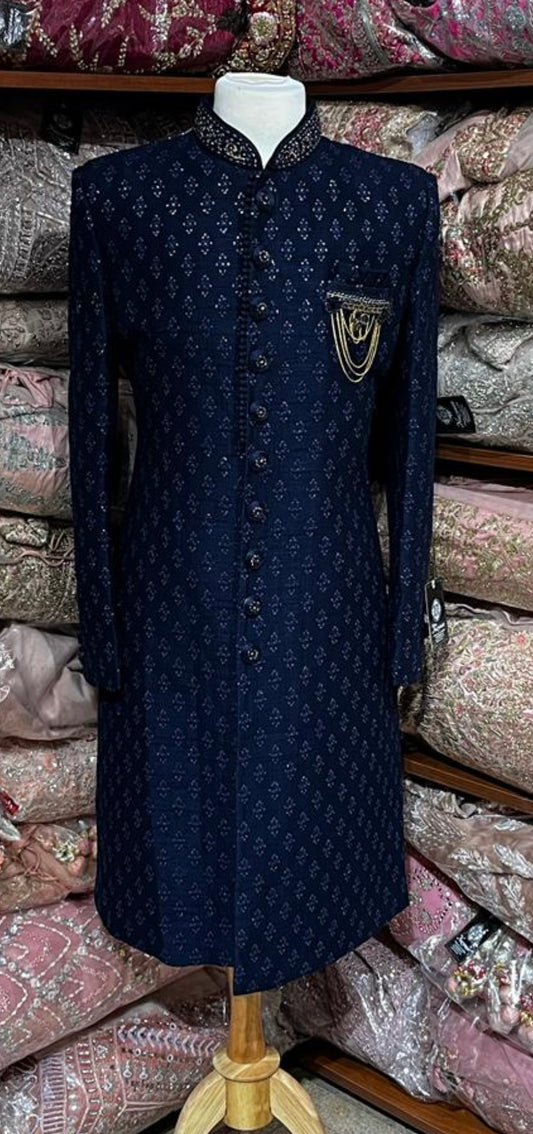 Midnight Blue Sequins Embroidered Sherwani-S14-06