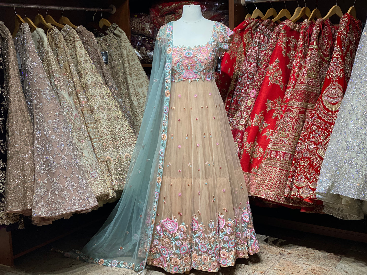 Gold & Blush Floral Gown With Mint Dupatta