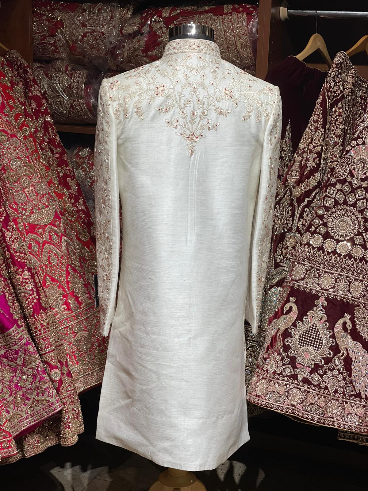 Ivory Cream Resham Thread Embroidered Sherwani-R14-N55