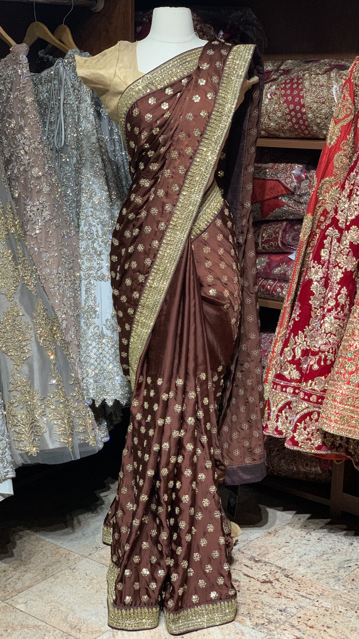 Cinnamon Brown Satin Silk Saree PWS-021