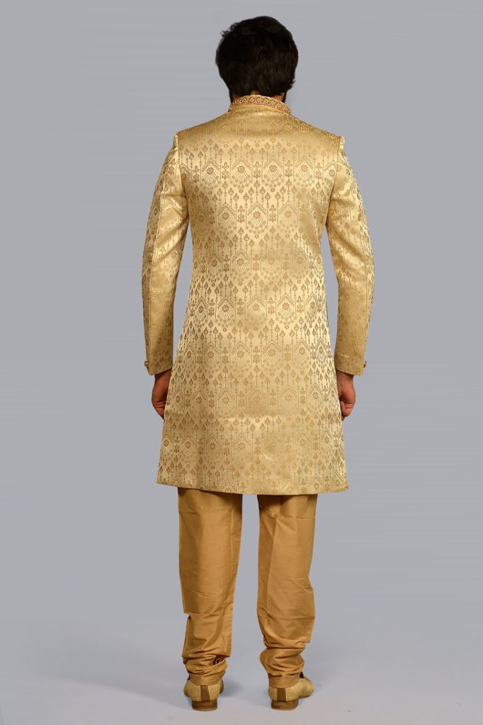 Gold Zari Woven Brocade Sherwani with Gold Pants