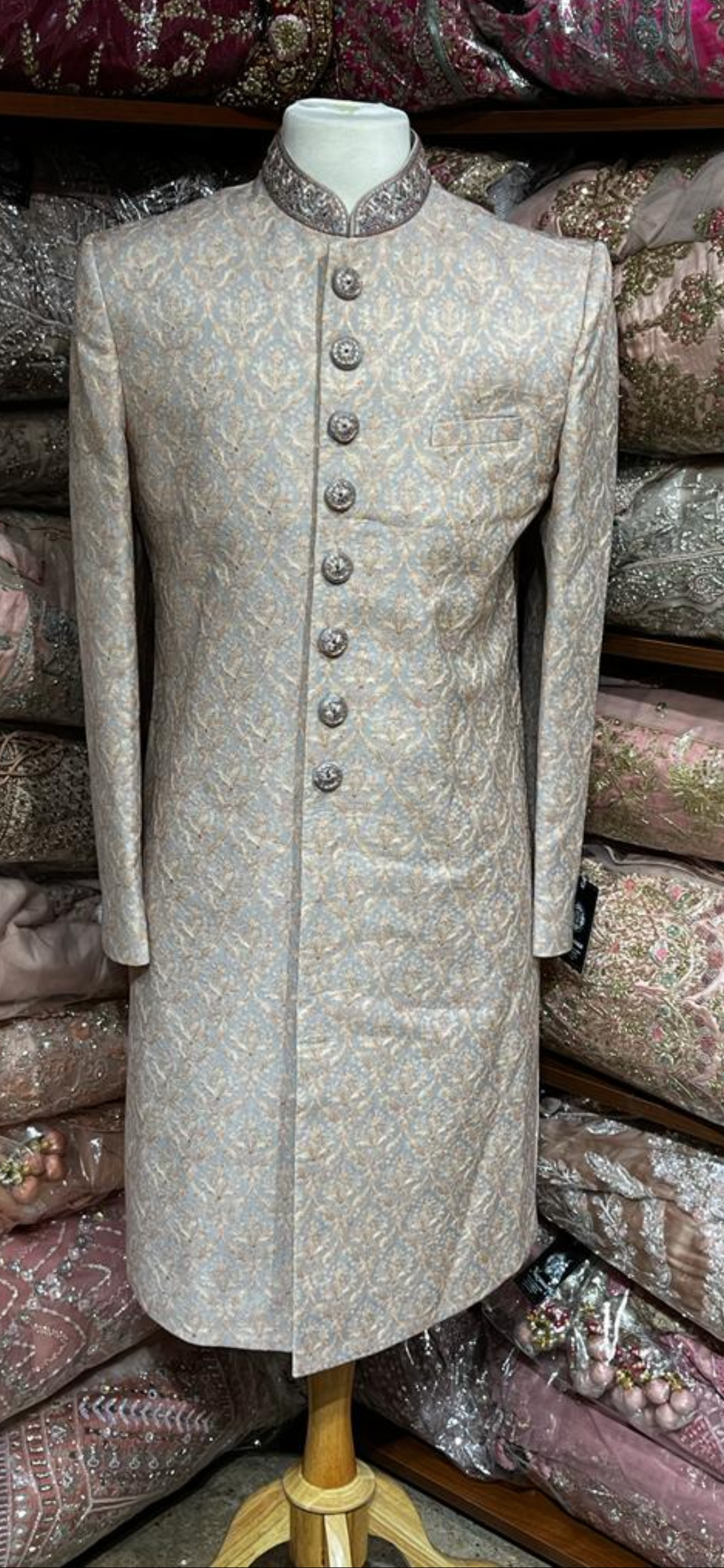 Slate Grey Woven Silk Sherwani- R14-N75