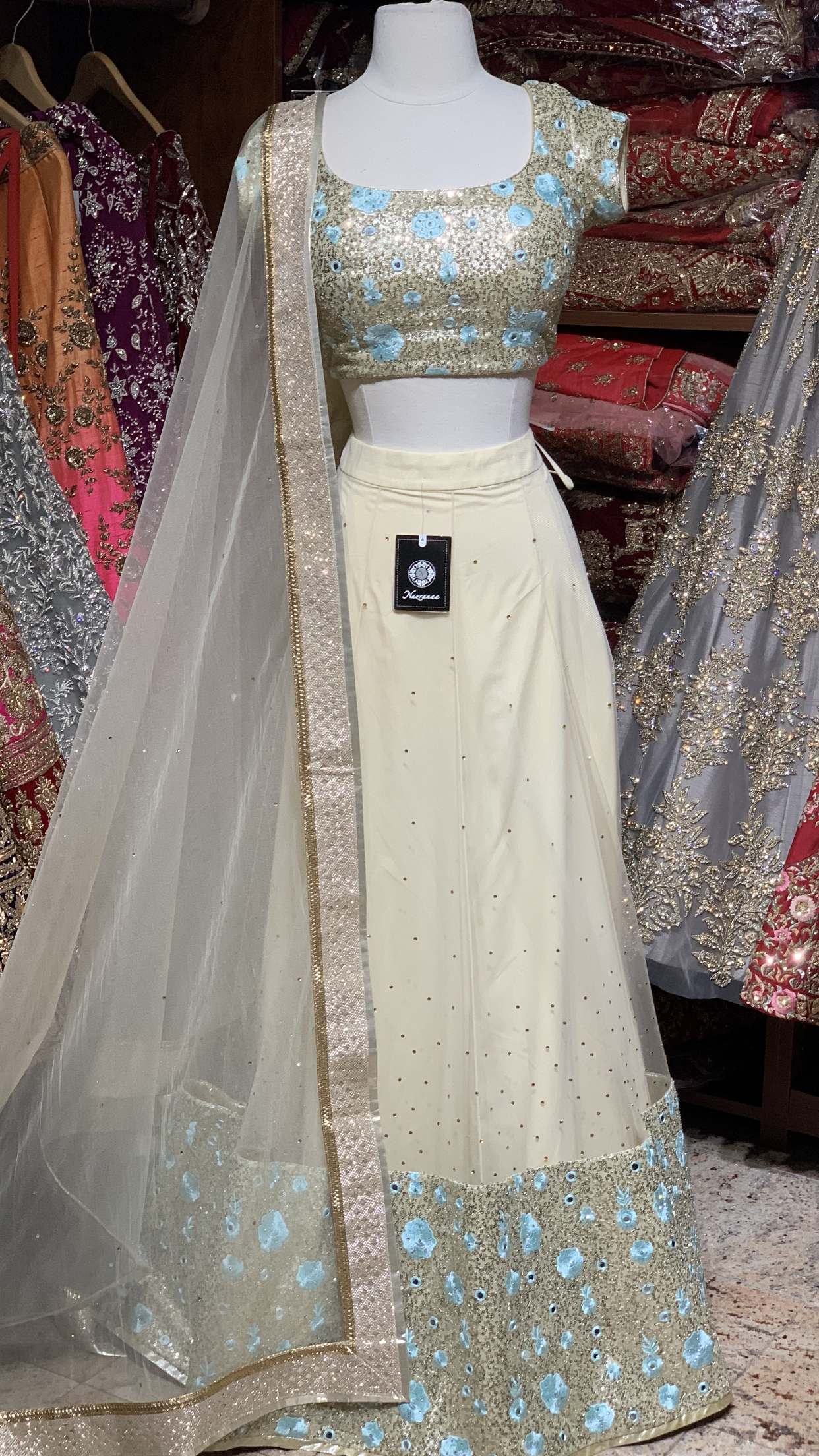 Cream Blue Size 38 Lehenga