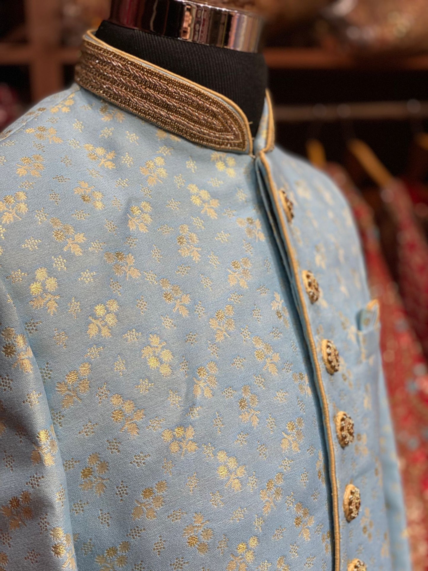 Sky Blue Zari Woven Embroidered Sherwani- S131198