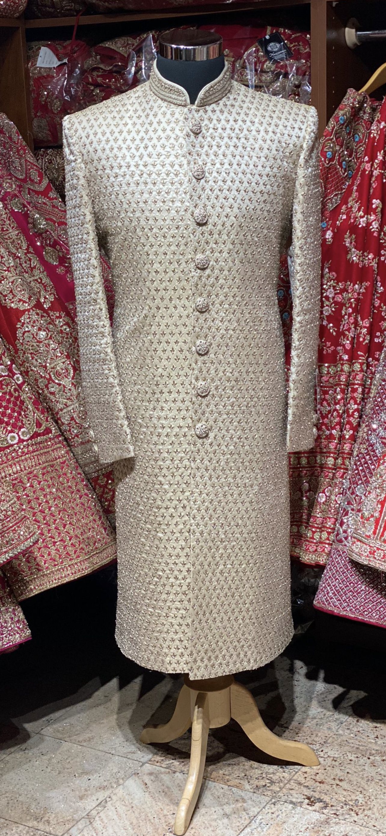 Cream Zardosi Embroidered Silk Wedding Sherwani