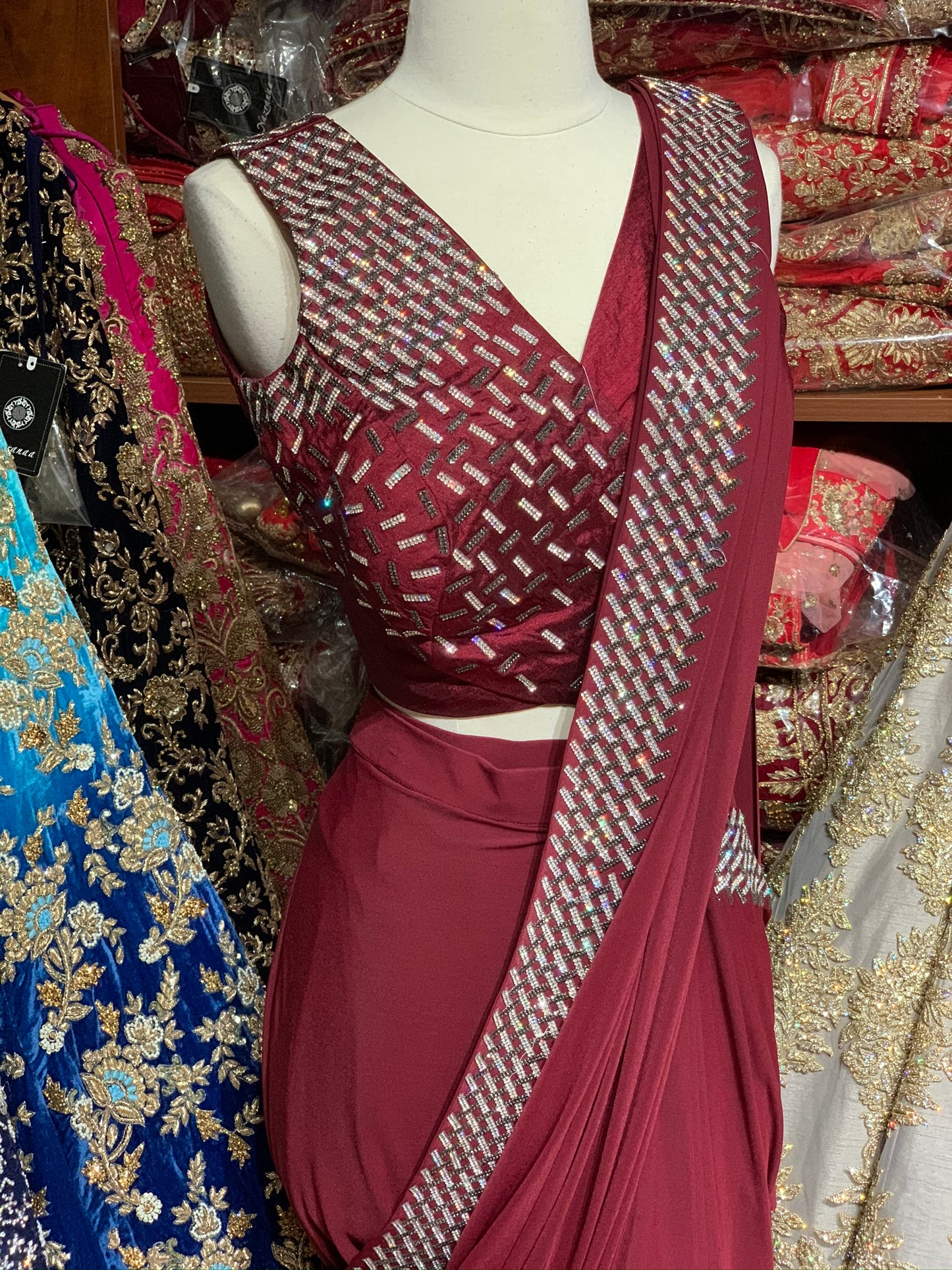 Maroon Pre-Stitched Saree W/ Readymade Blouse PSS-4